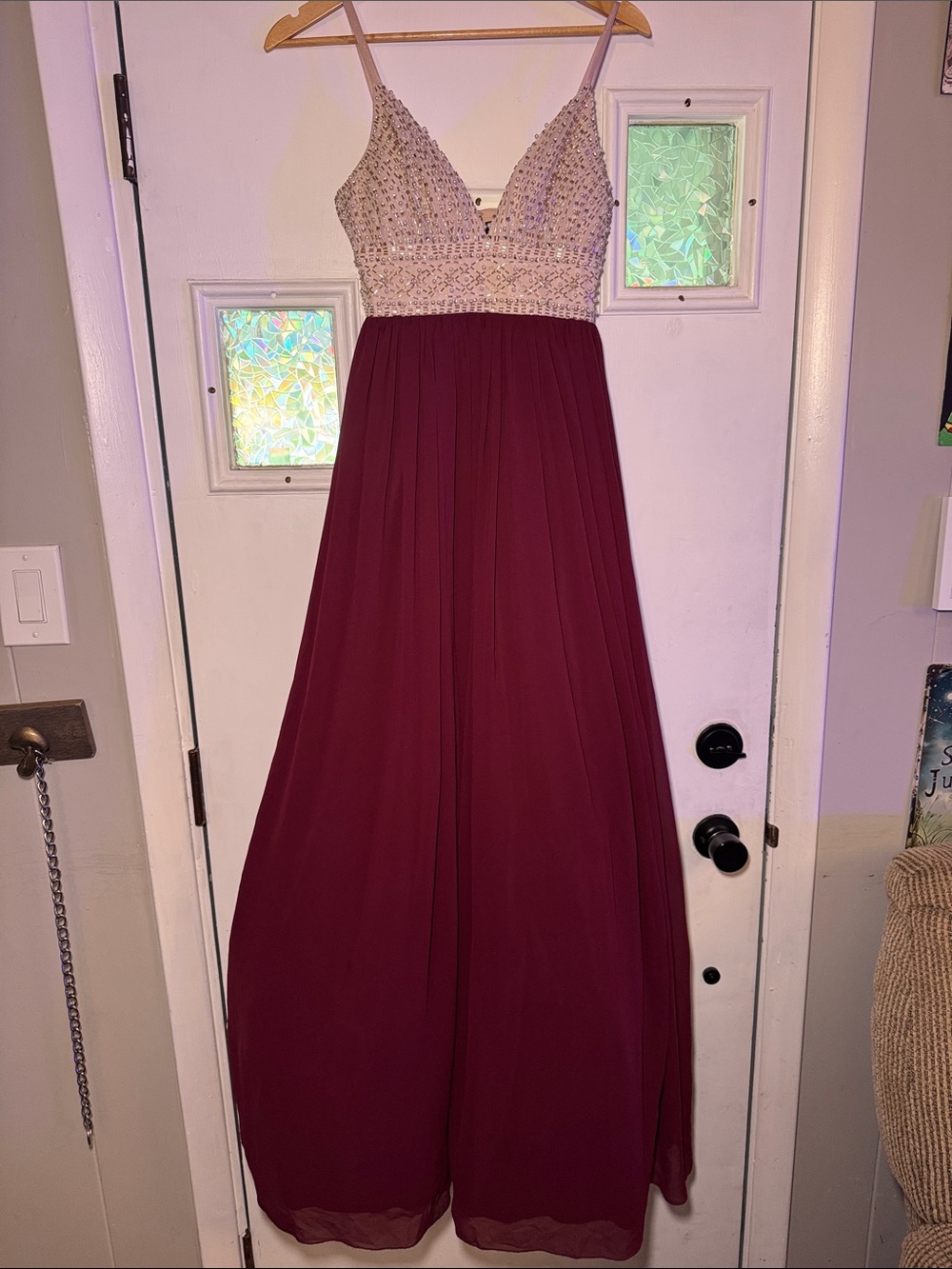 Spaghetti-Strap Beaded Bodice Long Evening Dress in Burgundy and Champagne